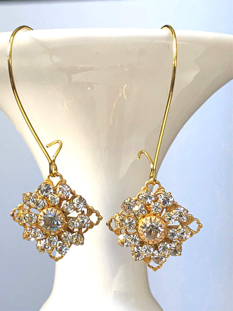 Gold Swarovski Crystal Earrings with Diamond Shaped Crystal Drops