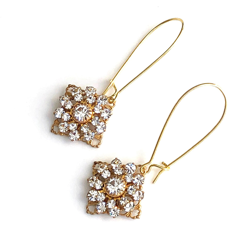 Gold Swarovski Crystal Earrings with Diamond Shaped Crystal Drops