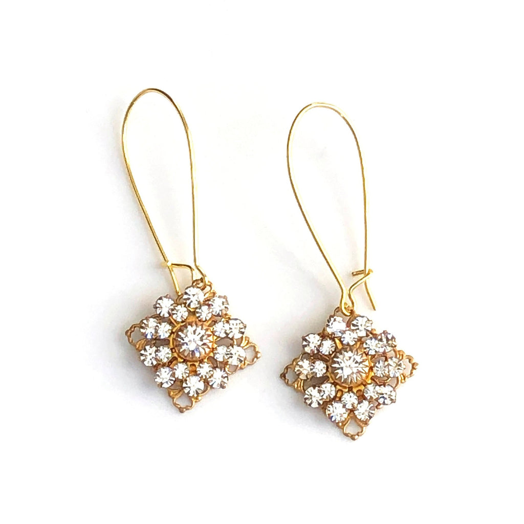 Long Diamond Shaped Swarovski Crystal Earrings in Gold