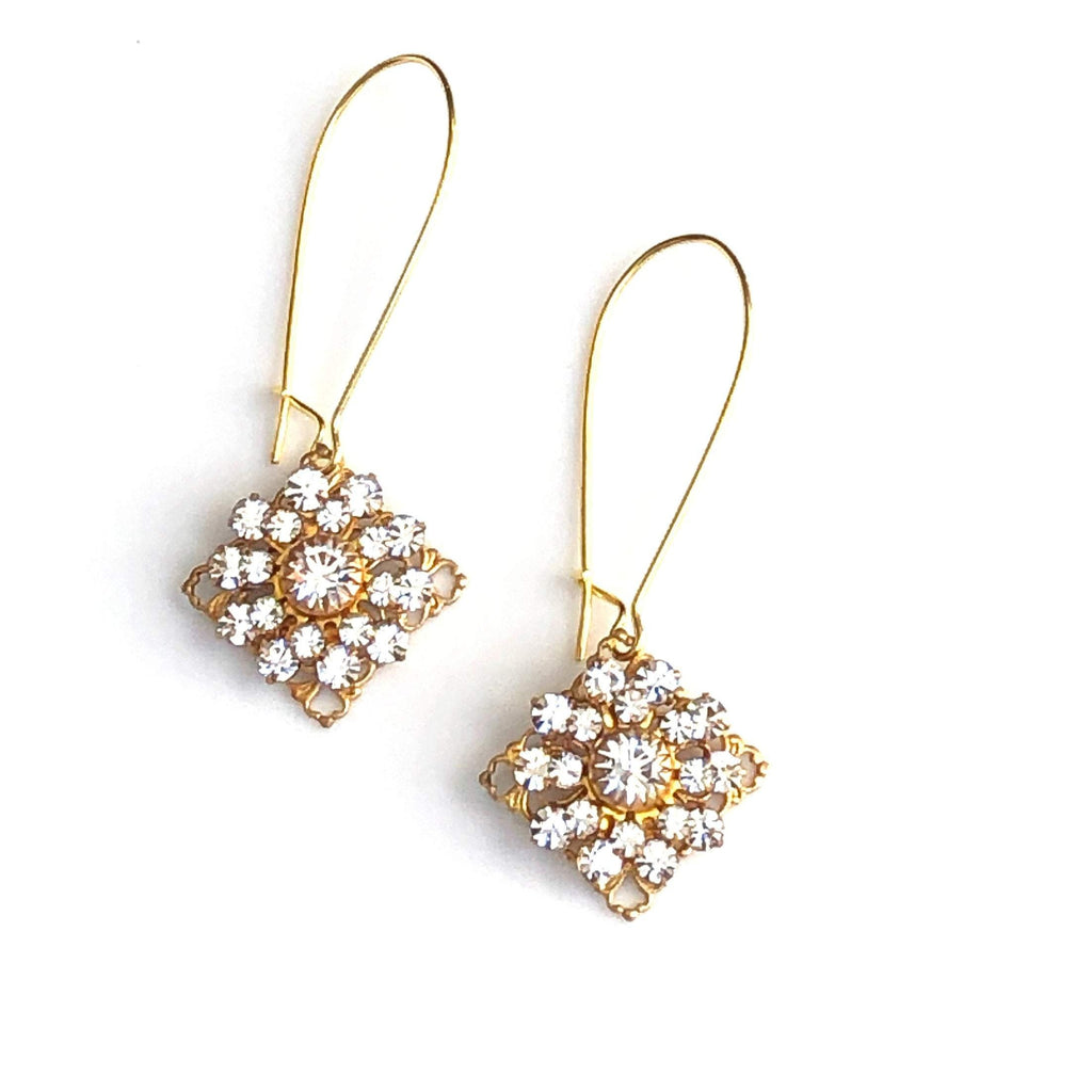 Gold Swarovski Crystal Earrings with Diamond Shaped Crystal Drops