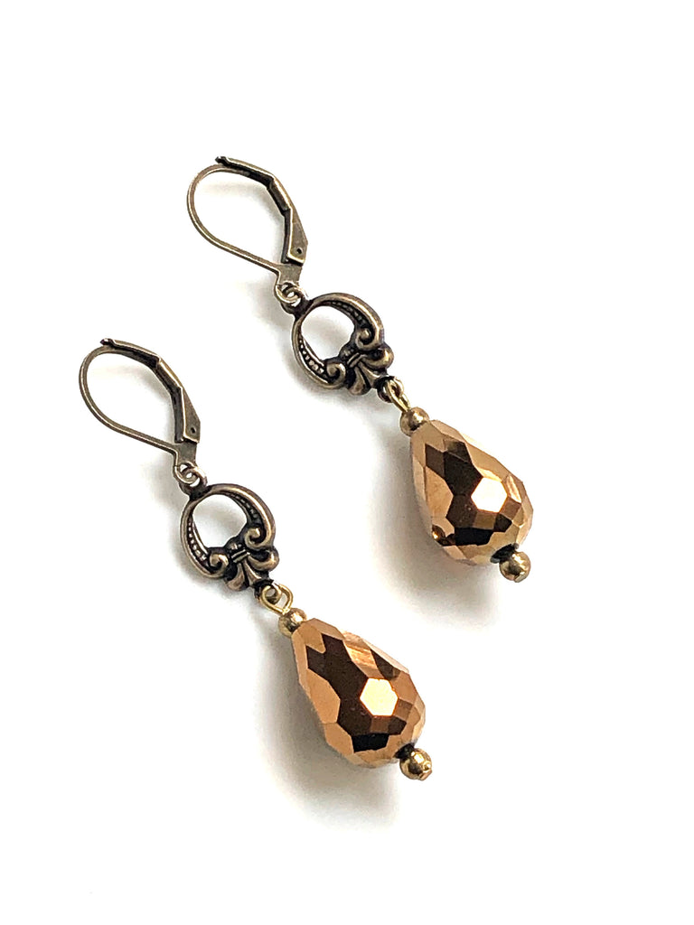 Antique Bronze Earrings with Brass Fleur de Lis Charms