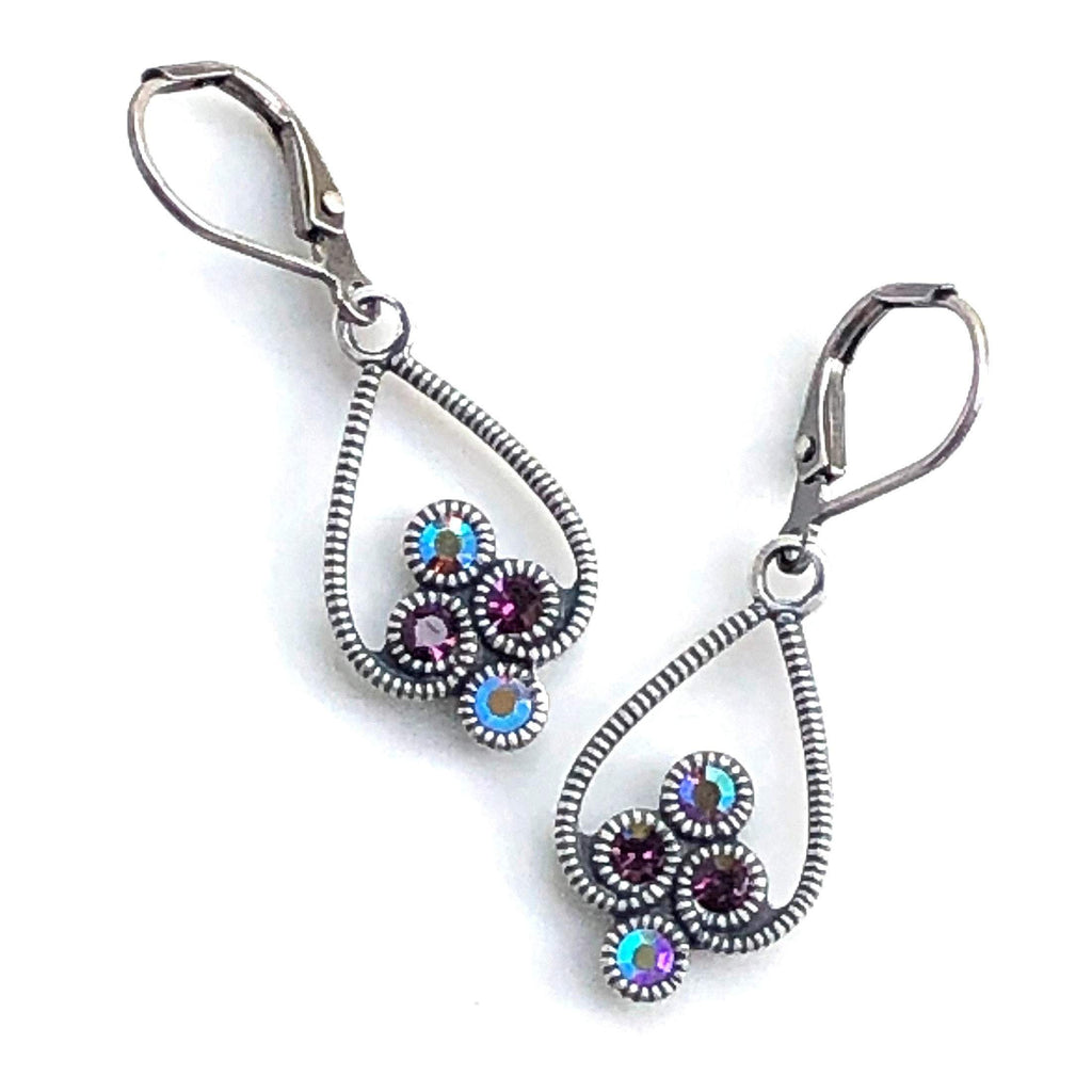 Silver Art Deco Drop Earrings with Purple Crystals