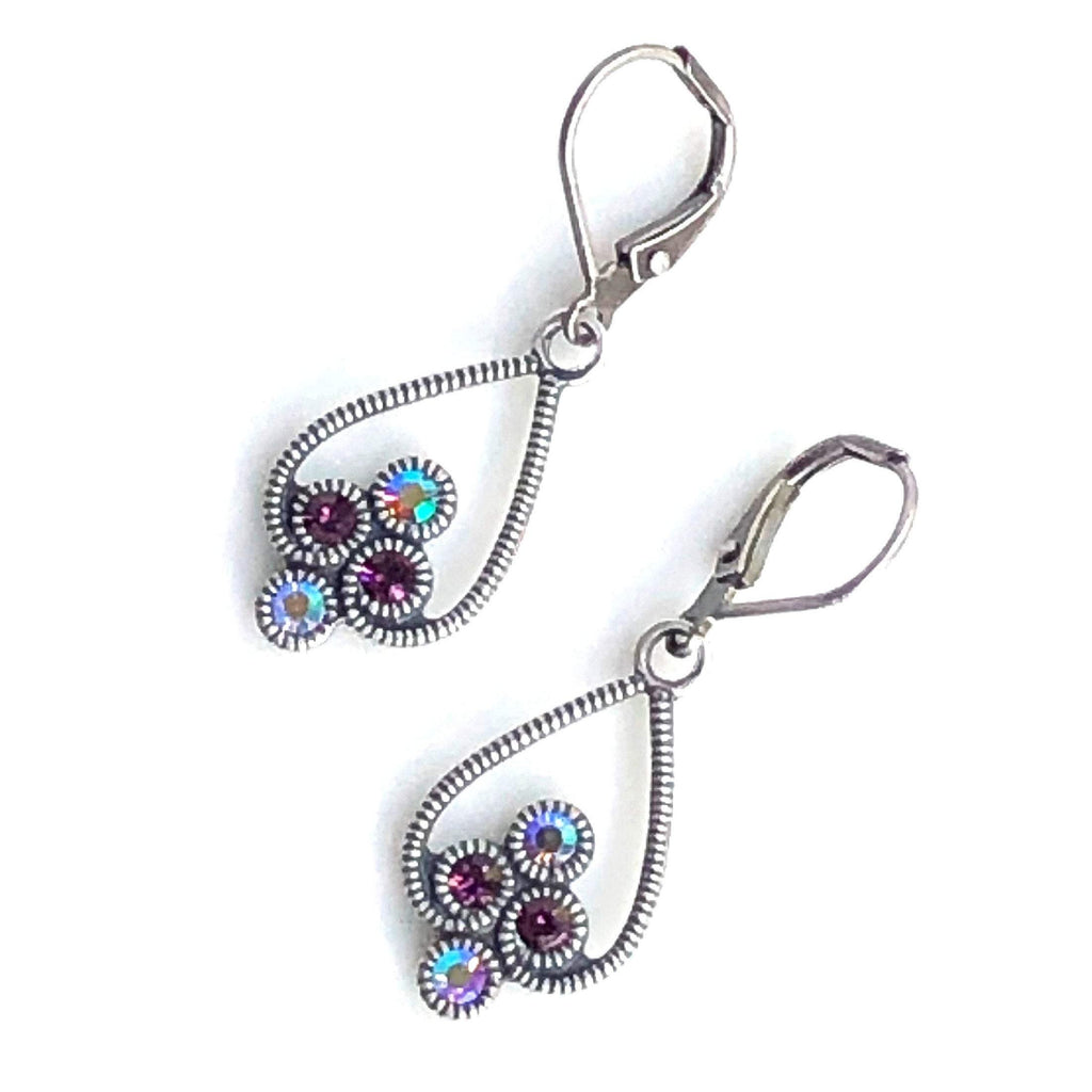 Silver Art Deco Earrings with Purple Swarovski Crystals