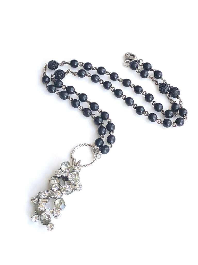 Vintage rhinestone pendant necklace with black rosary beads