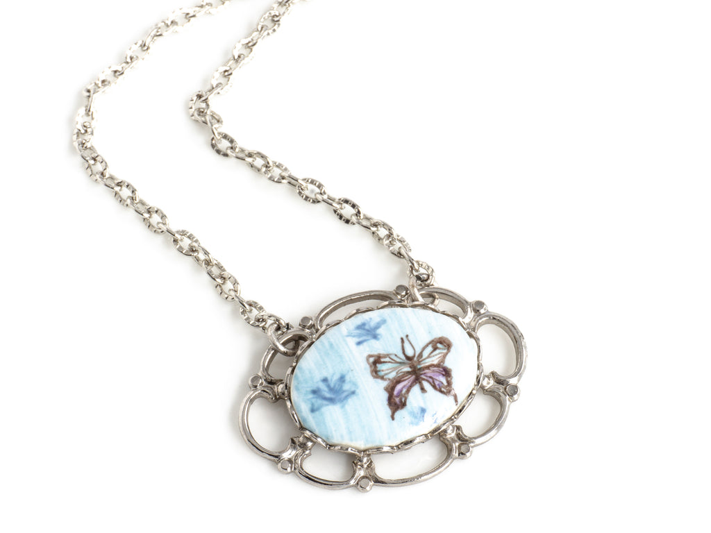 Vintage Porcelain Butterfly Cameo Necklace in Silver Scalloped Pendant