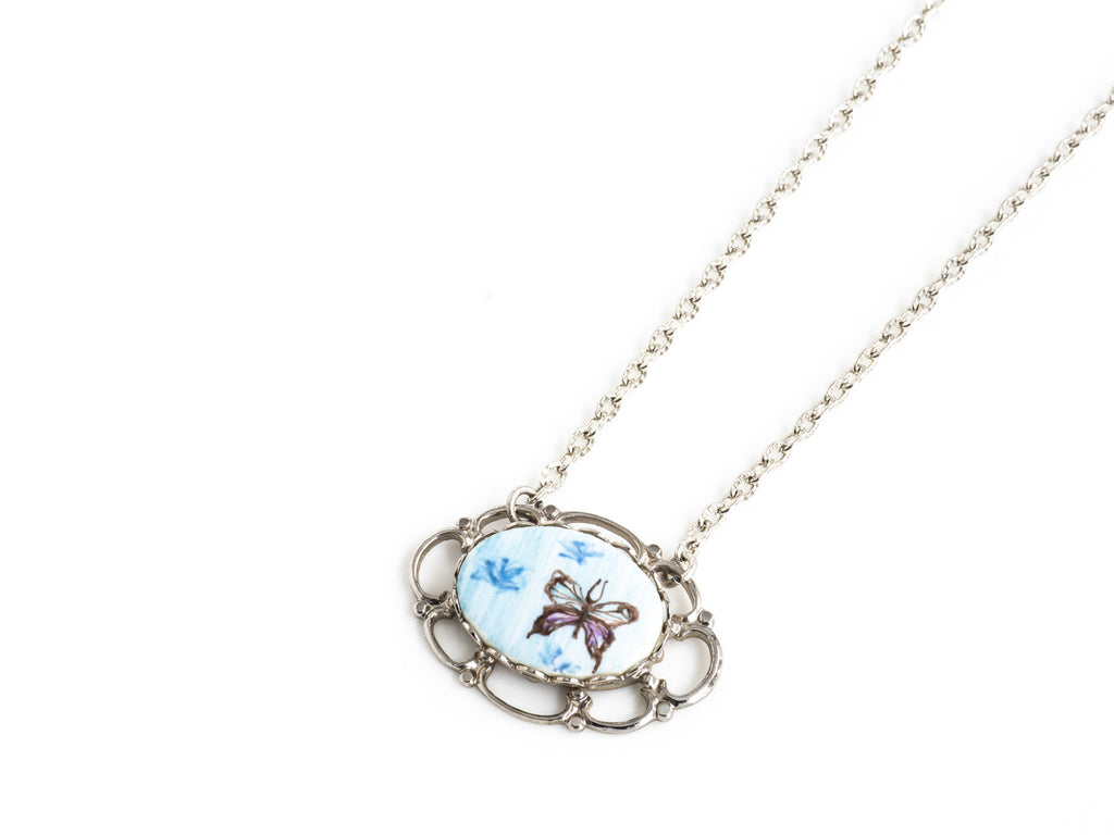 Vintage Porcelain Butterfly Cameo Necklace in Silver Scalloped Pendant